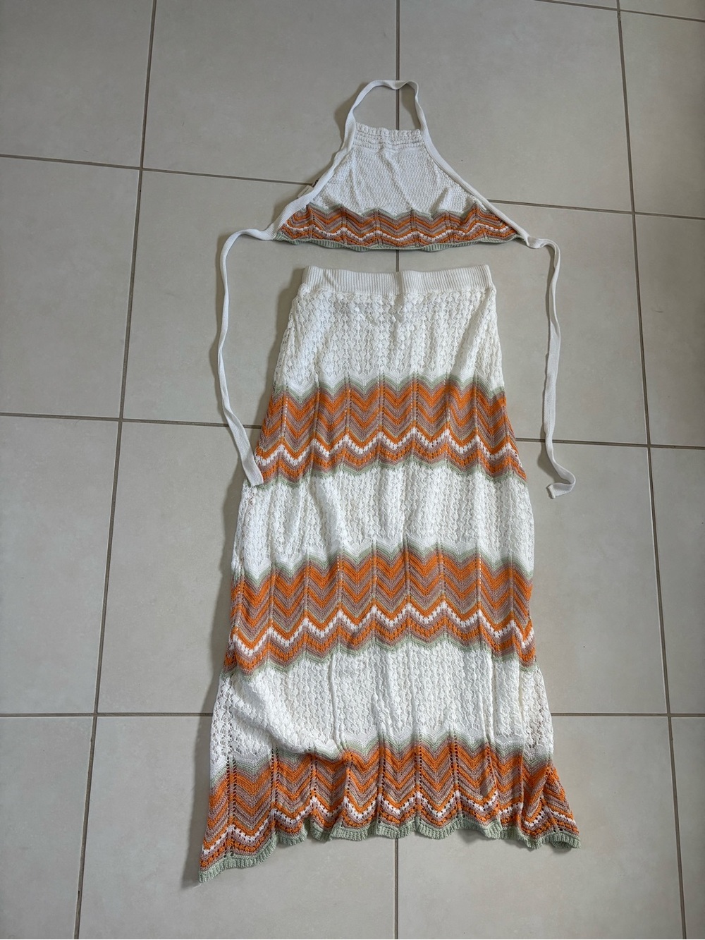Women's White Crochet Halter Set with Orange Chevron Stripes